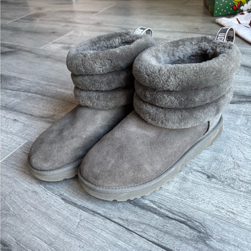 grey UGG mini fluff boots